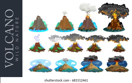 A Set Of Volcanoes Of Varying Degrees Of Eruption, A Sleeping Or Awakening Dangerous Vulcan, Salute From Magma Ashes And Smoke Fly Out From Volcano, Lava Flowing Down The Mountain Vector Illustration