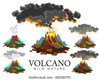 さまざまな噴火の度合い 眠りや目覚めの危険なハゲワシ マグマの灰からの敬礼 火山からの煙が噴出し 溶岩が山のベクターイラストを流れ落ちる火山群 のベクター画像素材 ロイヤリティフリー