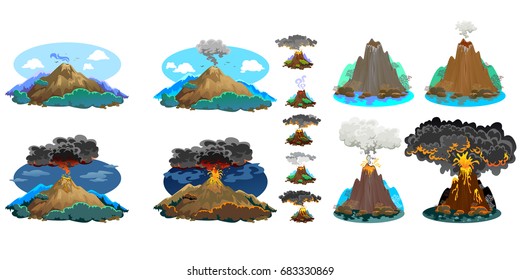 Um conjunto de vulcões de diferentes graus de erupção, um vulcano perigoso dormindo ou despertar, saudação de cinzas de magma e fumaça voar para fora do vulcão, lava fluindo pela ilustração vetorial montanha