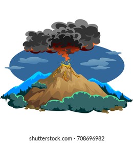 A set of volcanoes of varying degrees of eruption, a sleeping or awakening dangerous vulcan, salute from magma ashes and smoke fly out from volcano, lava flowing down the mountain vector illustration