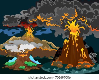 A set of volcanoes of varying degrees of eruption, a sleeping or awakening dangerous vulcan, salute from magma ashes and smoke fly out from volcano, lava flowing down the mountain vector illustration