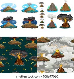 A set of volcanoes of varying degrees of eruption, a sleeping or awakening dangerous vulcan, salute from magma ashes and smoke fly out from volcano, lava flowing down the mountain vector illustration