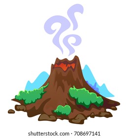 A set of volcanoes of varying degrees of eruption, a sleeping or awakening dangerous vulcan, salute from magma ashes and smoke fly out from volcano, lava flowing down the mountain vector illustration