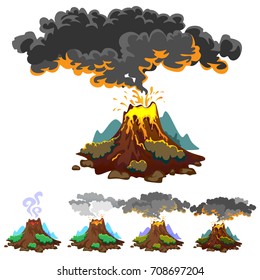 A set of volcanoes of varying degrees of eruption, a sleeping or awakening dangerous vulcan, salute from magma ashes and smoke fly out from volcano, lava flowing down the mountain vector illustration