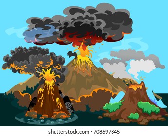 A set of volcanoes of varying degrees of eruption, a sleeping or awakening dangerous vulcan, salute from magma ashes and smoke fly out from volcano, lava flowing down the mountain vector illustration