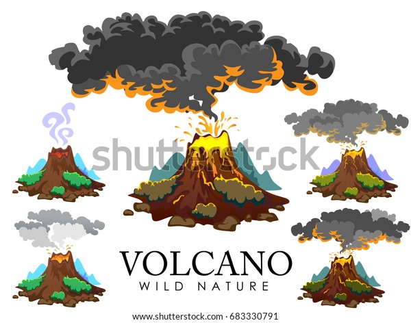 さまざまな噴火の度合い 眠りや目覚めの危険なハゲワシ マグマの灰からの敬礼 火山からの煙が噴出し 溶岩が山のベクターイラストを流れ落ちる火山群 のベクター画像素材 ロイヤリティフリー 683330791