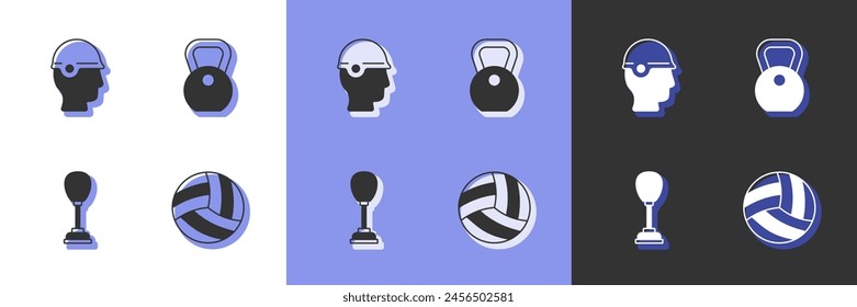 Set Volleyball ball, Baseball helmet, Punching bag and Weight icon. Vector