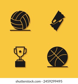 Set Volleyball ball, Basketball, Award cup and Flippers for swimming icon with long shadow. Vector