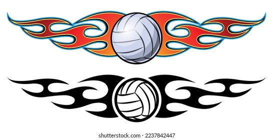 Set of  volleyball ball and fire flame vector illustrations. Burning volleyball ball graphic car sticker and logo template.