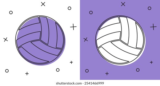 Definir ícone de bola de voleibol isolado no fundo branco e roxo. Equipamento desportivo.  Vetor