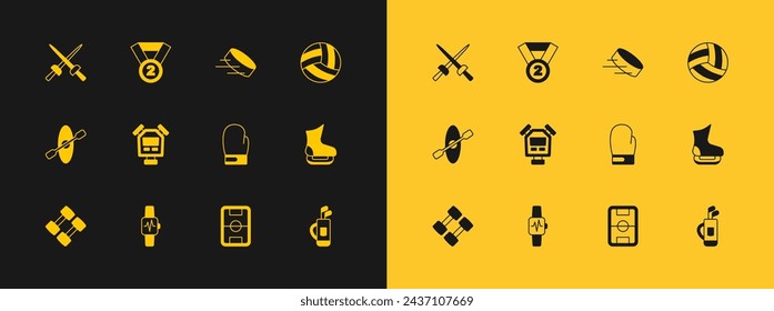 Set Volleyball ball, Smart watch with heart, Boxing glove, Football field, Stopwatch, Hockey puck, Fencing and Medal icon. Vector