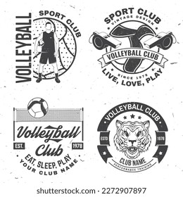 Set of Volleyball club badge, logo design. Vector illustration. For college league sport club, summer camp emblem, sign, logo. Vintage monochrome label, sticker, patch with volleyball ball, player and