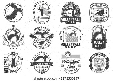 Set of Volleyball club badge, logo design. Vector illustration. For college league sport club, summer camp emblem, sign, logo. Vintage monochrome label, sticker, patch with volleyball ball, player and