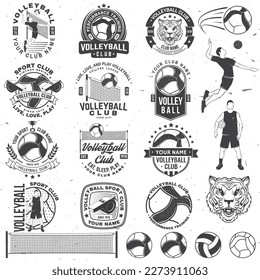 Set of Volleyball club badge, logo design. Vector illustration. For college league sport club, summer camp emblem, sign, logo. Vintage monochrome label, sticker, patch with volleyball ball, player and