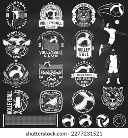 Set of Volleyball club badge, logo design on chalkboard. Vector . For college league sport club, summer camp emblem, sign, logo. Vintage monochrome label, sticker, patch with volleyball ball, player