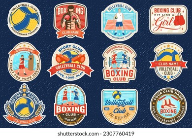 Set of Volleyball club and Boxing club badge, logo, patch design. Vector. Vintage retro patch, label, sticker with volleyball ball, player, jump rope, boxing gloves and boxing shoes silhouette.