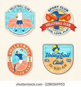 Set of Volleyball club emblem, patch, sticker. Vector illustration. For college league sport club emblem, sign, logo. Vintage label, sticker, patch with volleyball ball, player silhouettes.