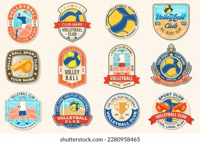 Set of Volleyball club emblem, patch, sticker. Vector illustration. For college league sport club emblem, sign, logo. Vintage label, sticker, patch with volleyball ball, player silhouettes.