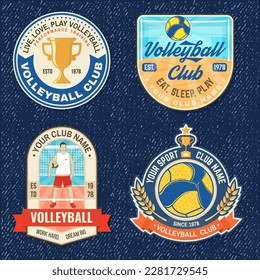 Set of Volleyball club emblem, patch, sticker. Vector illustration. For college league sport club emblem, sign, logo. Vintage label, sticker, patch with volleyball ball, player silhouettes.