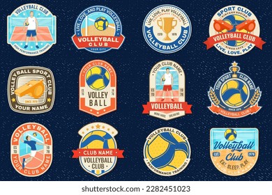 Set of Volleyball club emblem, patch, sticker. Vector illustration. For college league sport club emblem, sign, logo. Vintage label, sticker, patch with volleyball ball, player silhouettes.