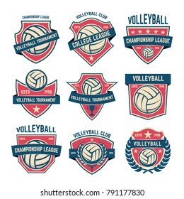 Set Of Volleyball Club Emblems. Volleyball Tournament. Design Element For Logo, Label, Emblem, Sign. Vector Illustration