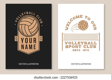 Set of volleyball club flyer, brochure, banner, poster. Vector. For sport club emblem, sign, logo. Vintage monochrome label, sticker, patch with volleyball ball, player and net silhouettes.