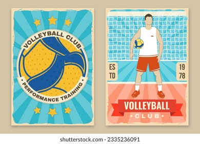 Set of Volleyball club retro poster, banner design. Vector illustration. For college league sport club emblem, sign, logo. Vintage retro poster, banner design with volleyball ball, player silhouettes.