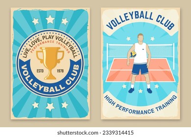 Set of Volleyball club retro poster, banner design. Vector illustration. For college league sport club emblem, sign, logo. Vintage retro poster, banner design with volleyball ball, player silhouettes.