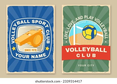 Set of Volleyball club retro poster, banner design. Vector illustration. For college league sport club emblem, sign, logo. Vintage retro poster, banner design with volleyball ball, player silhouettes.