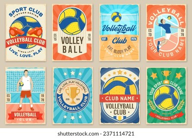 Set of Volleyball club retro poster, banner design. Vector illustration. For college league sport club emblem, sign, logo. Vintage retro poster, banner design with volleyball ball, player silhouettes.