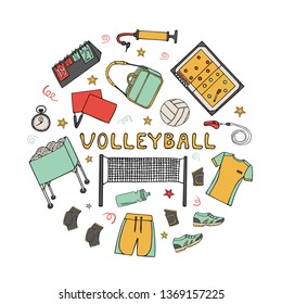 Set of volleyball doodle icons set in circle frame for postcards, web banners, etc. Hand drawn color vector illustration