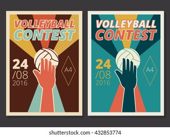 Set of volleyball game vector poster and flyer design in A4 size, in retro style with hand and ball, contest or tournament background