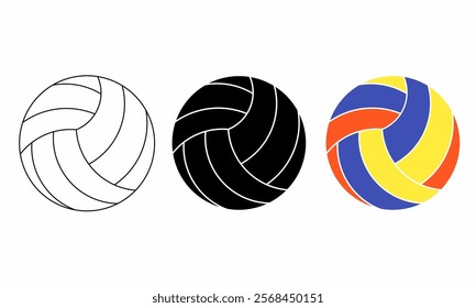 Set of volleyball icons in three styles: outline, solid black, and colorful classic design. Clean vector art perfect for sports logos, graphics, or branding