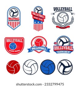 Set of  volleyball labels and logos for volleyball teams, tournaments, championships isolated on white background. Set of volleyball balls. Vector illustration.