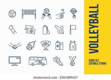 Set of volleyball line art outline icons. Editable stroke and scalable to any size. Volleyball sport icon set. Vector illustration