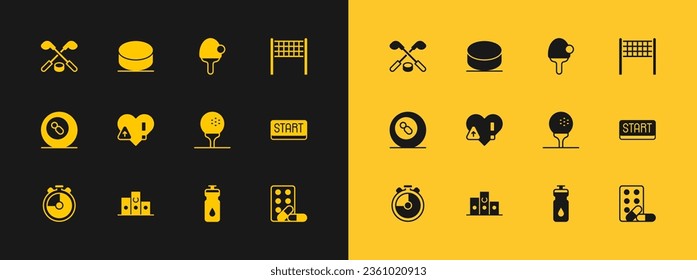 Set Volleyball net, Award over sports winner podium, Golf on tee, Fitness shaker, Heart rate, Racket, Ice hockey sticks and puck and Hockey icon. Vector