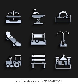 Set Volleyball net with ball, Bench, Sand castle, Street light, Toy train, Skateboard trick, Ferris wheel and Attraction carousel icon. Vector