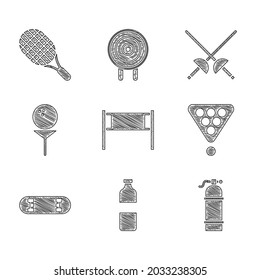 Set Volleyball net, Bottle of water, Aqualung, Billiard balls in rack triangle, Skateboard trick, Golf on tee, Fencing and Tennis racket icon. Vector