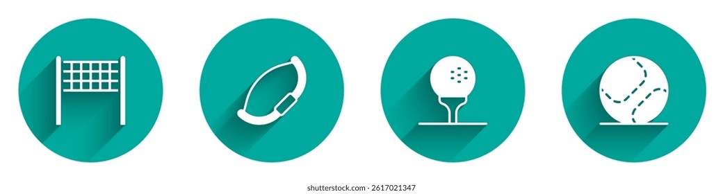 Set Volleyball net, Medieval bow, Golf on tee and Baseball icon with long shadow. Vector