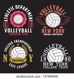 Set of Volleyball New York print for apparel with ball. Collection of vintage typography emblem for t-shirt. Design for athletic clothes. Vector illustration.