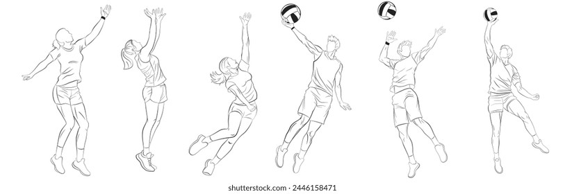 Set of volleyball players jumping and hitting the ball, drawn in outlines, black on white background