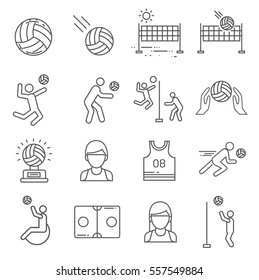 Set of volleyball Related Vector Line Icons. Includes such Icons as a ball, team, sports uniform, volleyball net, playing field, Cup, mesh, sports game