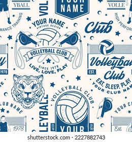 Set of volleyball sport club seamless pattern. Vector illustration. Concept for sport pattern background or wallpaper with volleyball ball, player, net and referee whistle silhouettes.