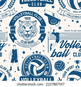Set of volleyball sport club seamless pattern. Vector illustration. Concept for sport pattern background or wallpaper with volleyball ball, player, net and referee whistle silhouettes.