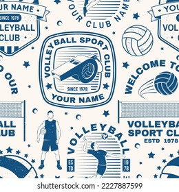 Set of volleyball sport club seamless pattern. Vector illustration. Concept for sport pattern background or wallpaper with volleyball ball, player, net and referee whistle silhouettes.