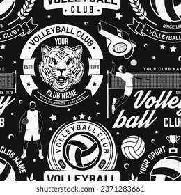 Set von Volleyballsportclub nahtloses Muster. Vektorgrafik. Konzept für sportliche Muster Hintergrund oder Tapete mit Volleyball, Spieler, Netz und Schiedsrichter Pfeifen Silhouetten.