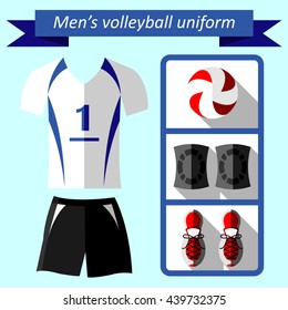 Set of volleyball uniform for man, accessory and equipment, leather ball, knee pads, 
shoe isolated on the blue background