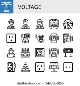 Set of voltage icons such as Stun gun, Electrician, Electric meter, Shocked, Socket, Solar panel, Generator, Multimeter, Power transformer, Panel, Voltage , voltage