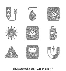 Set Voltmeter, Electrical outlet, Magnet, Battery charge, High voltage, Solar energy panel, Lamp in electronic circuit and extension icon. Vector