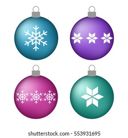 set volume blue purple pink turquoise christmas balls with snowflakes star vector.